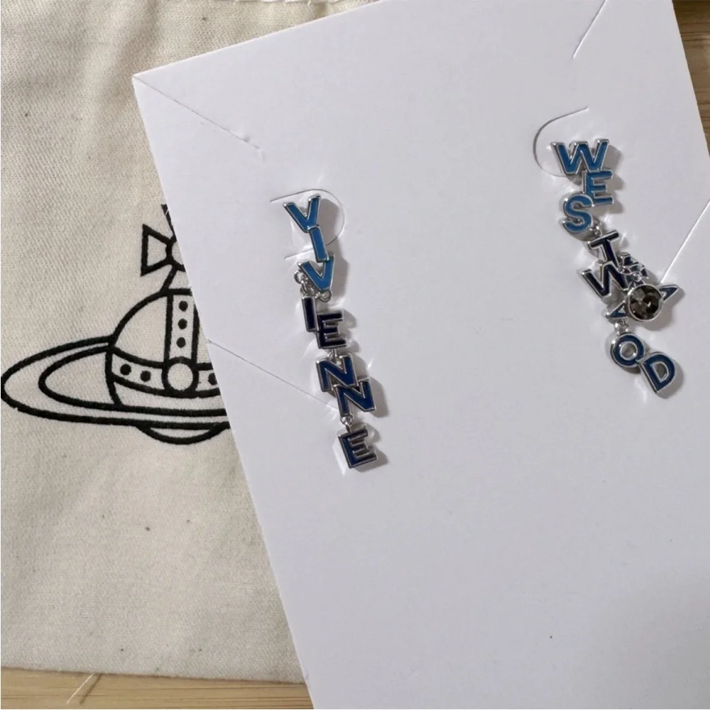 VIVIENNE WESTWOOD Soho Enamel Drop Logo Letter Earrings Blue Silver Crystal Orb - Picture 3 of 14